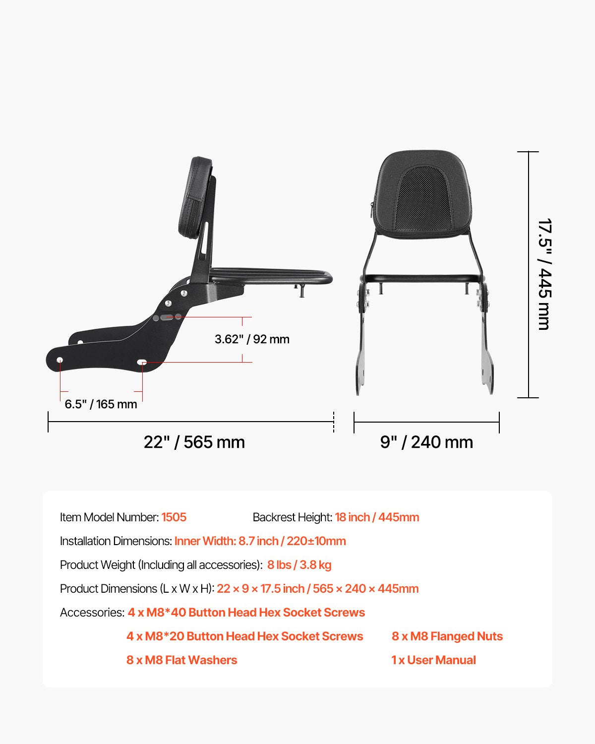 VEVOR Motorcycle Backrest with Luggage Rack for Honda Rebel 2017–2022