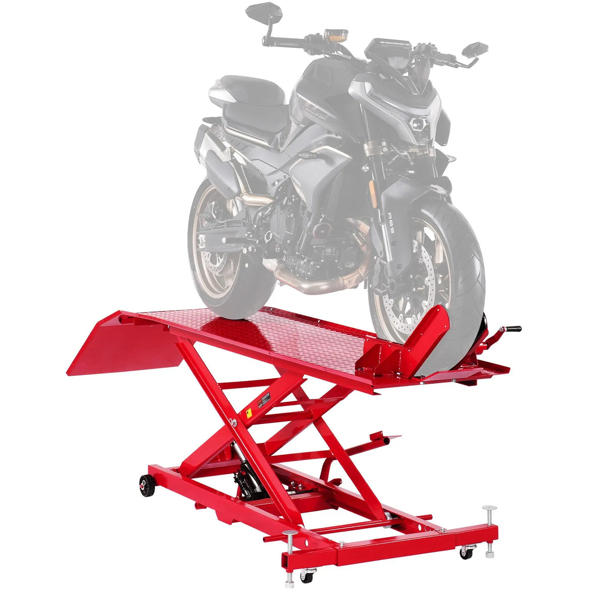 VEVOR motocikla pacēlāja galds, 454 kg celtspēja, 360° grozāms motocikla pacēlājs, regulējams augstums 21,8-78,7 cm, pastiprināts remonta statīvs ar drošības fiksatoru ATV un krosa motocikliem