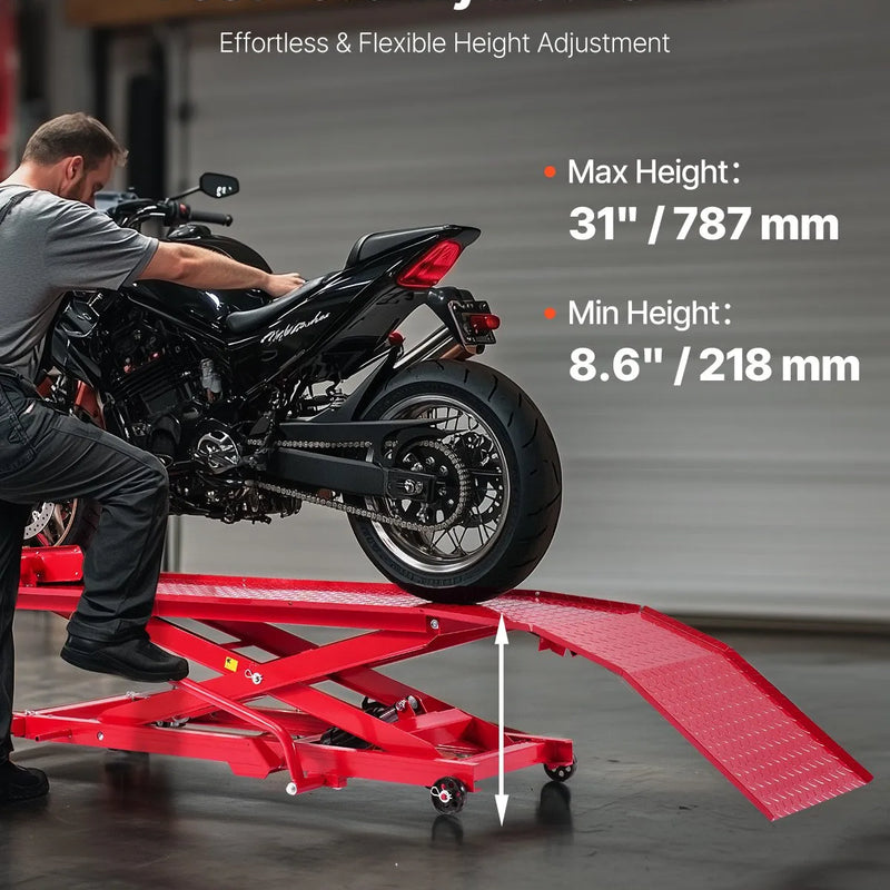 VEVOR motocikla pacēlāja galds, 454 kg celtspēja, 360° grozāms motocikla pacēlājs, regulējams augstums 21,8–78,7 cm, pastiprināts remonta statīvs ar drošības fiksatoru ATV un krosa motocikliem