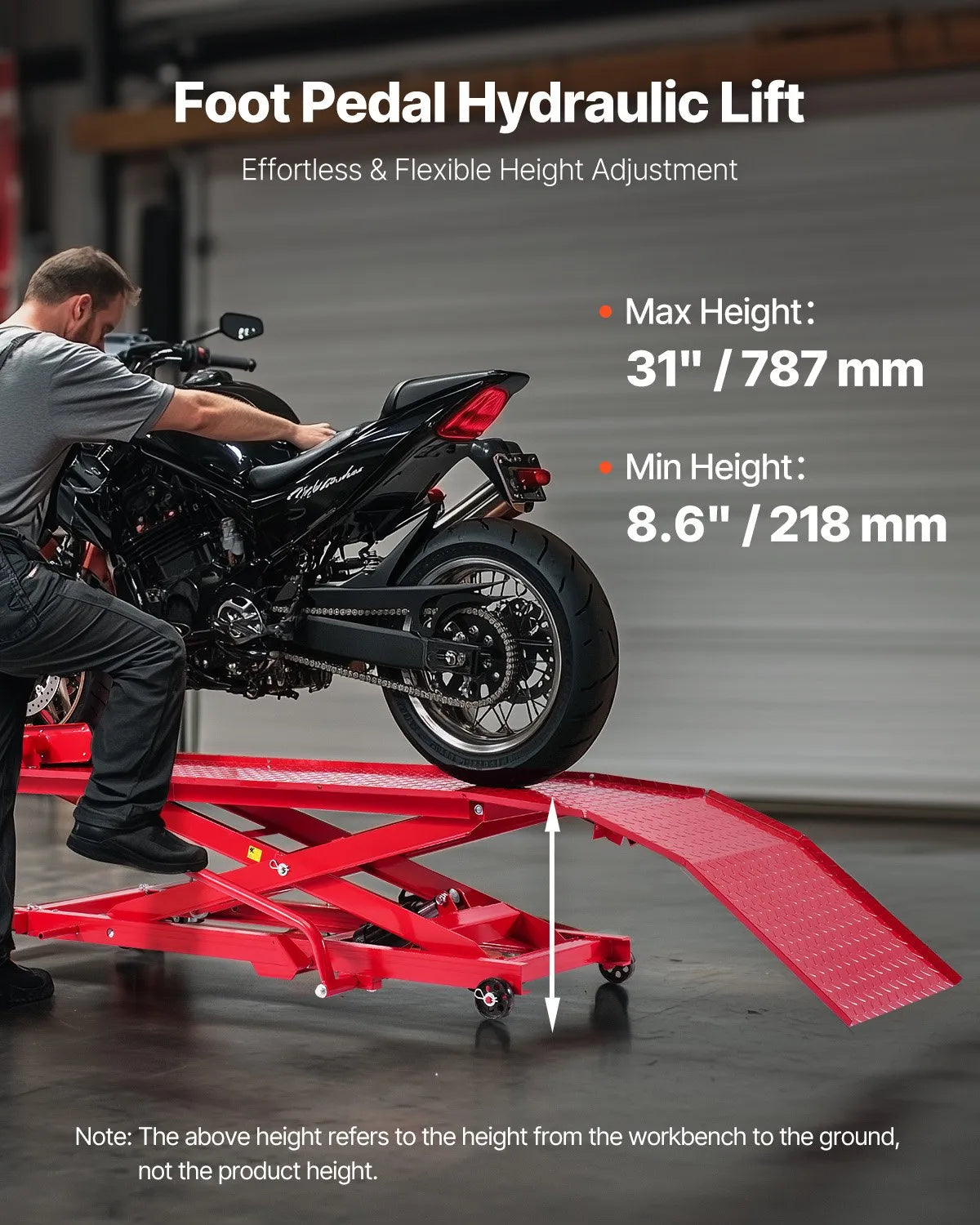 VEVOR motocikla pacēlāja galds, 454 kg celtspēja, 360° grozāms motocikla pacēlājs, regulējams augstums 21,8-78,7 cm, pastiprināts remonta statīvs ar drošības fiksatoru ATV un krosa motocikliem