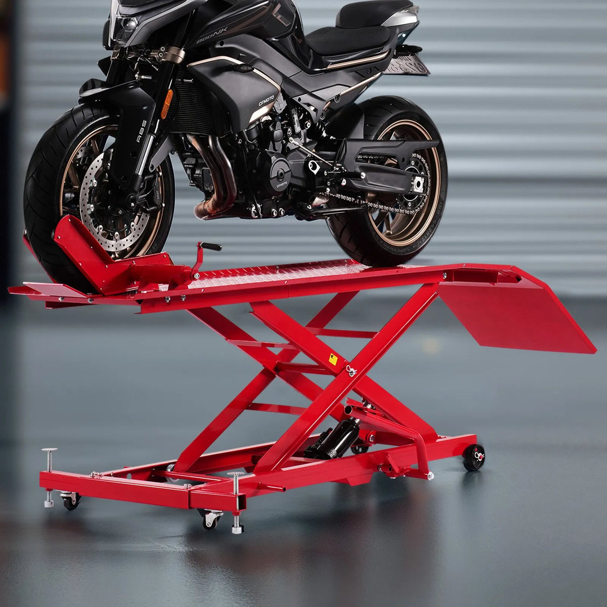 VEVOR motocikla pacēlāja galds, 454 kg celtspēja, 360° grozāms motocikla pacēlājs, regulējams augstums 21,8-78,7 cm, pastiprināts remonta statīvs ar drošības fiksatoru ATV un krosa motocikliem