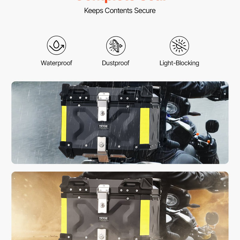 VEVOR 55L motocikla alumīnija aizmugurējā bagāžnieka kaste ar ādas oderi un atstarojošiem elementiem
