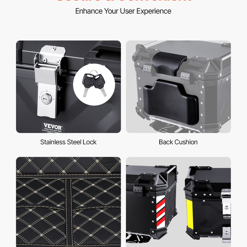 VEVOR 55L motocikla alumīnija aizmugurējā bagāžnieka kaste ar ādas oderi un atstarojošiem elementiem