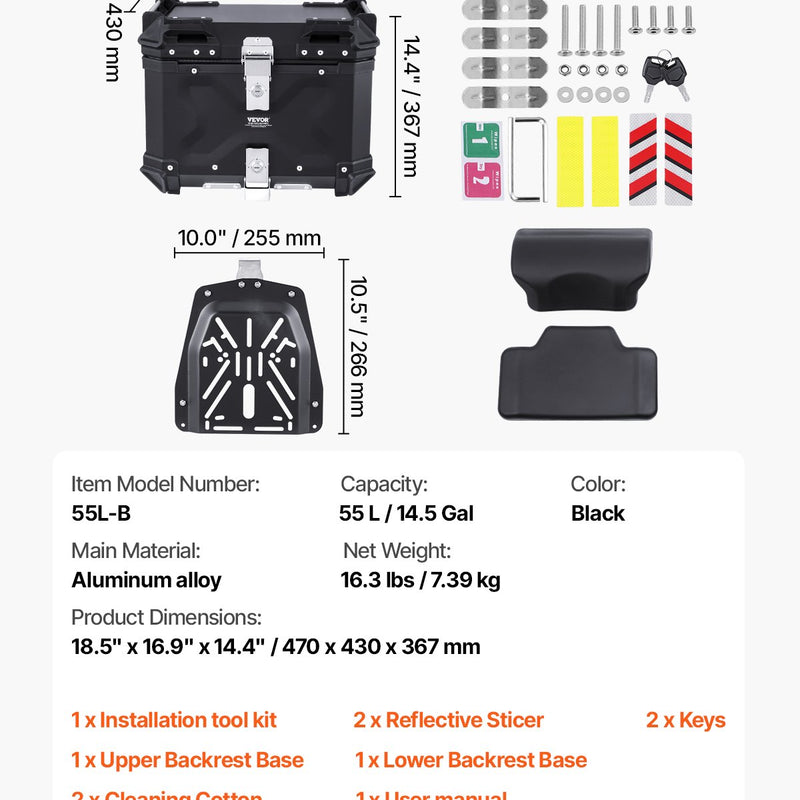 VEVOR 55L motocikla alumīnija aizmugurējā bagāžnieka kaste ar ādas oderi un atstarojošiem elementiem