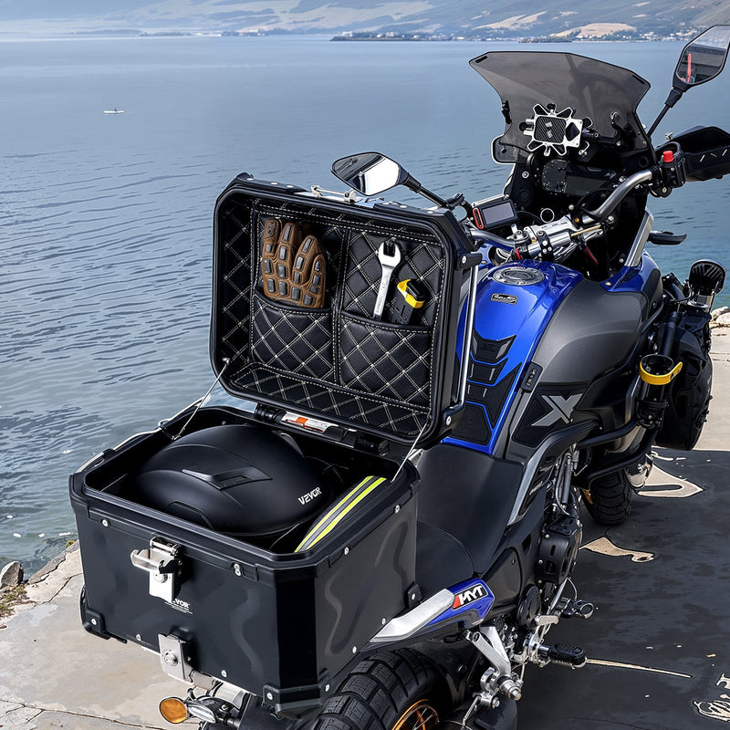 VEVOR 55L motocikla alumīnija aizmugurējā bagāžnieka kaste ar ādas oderi un atstarojošiem elementiem