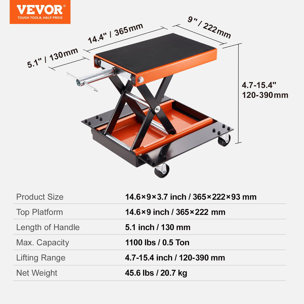 VEVOR Motorcycle/ATV Cross Lift with Platform and Handle, 500 kg Lifting Capacity, Wide Surface and Crank Mechanism
