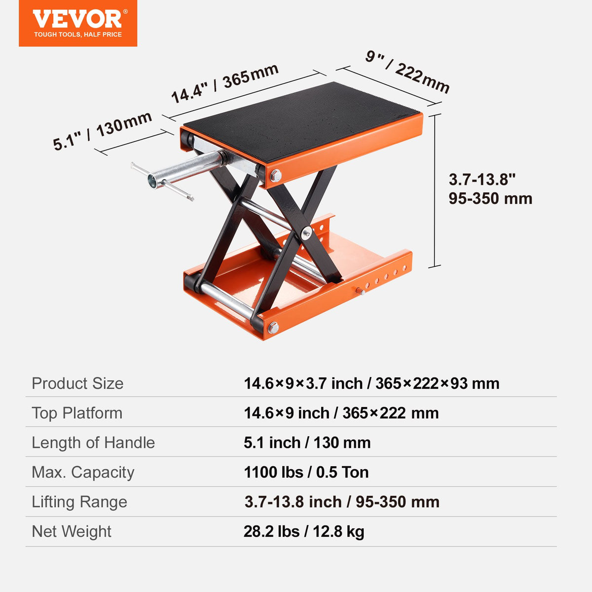 VEVOR Motorcycle Scissor Jack, 500 kg Capacity with Wide Platform for ATV and Motorcycles