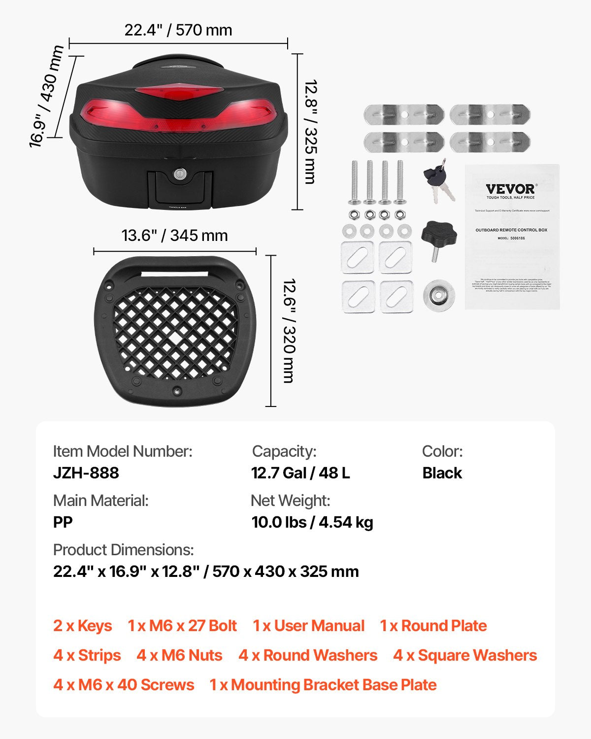 VEVOR 48 L Motorcycle Top Box with Reflective Panel