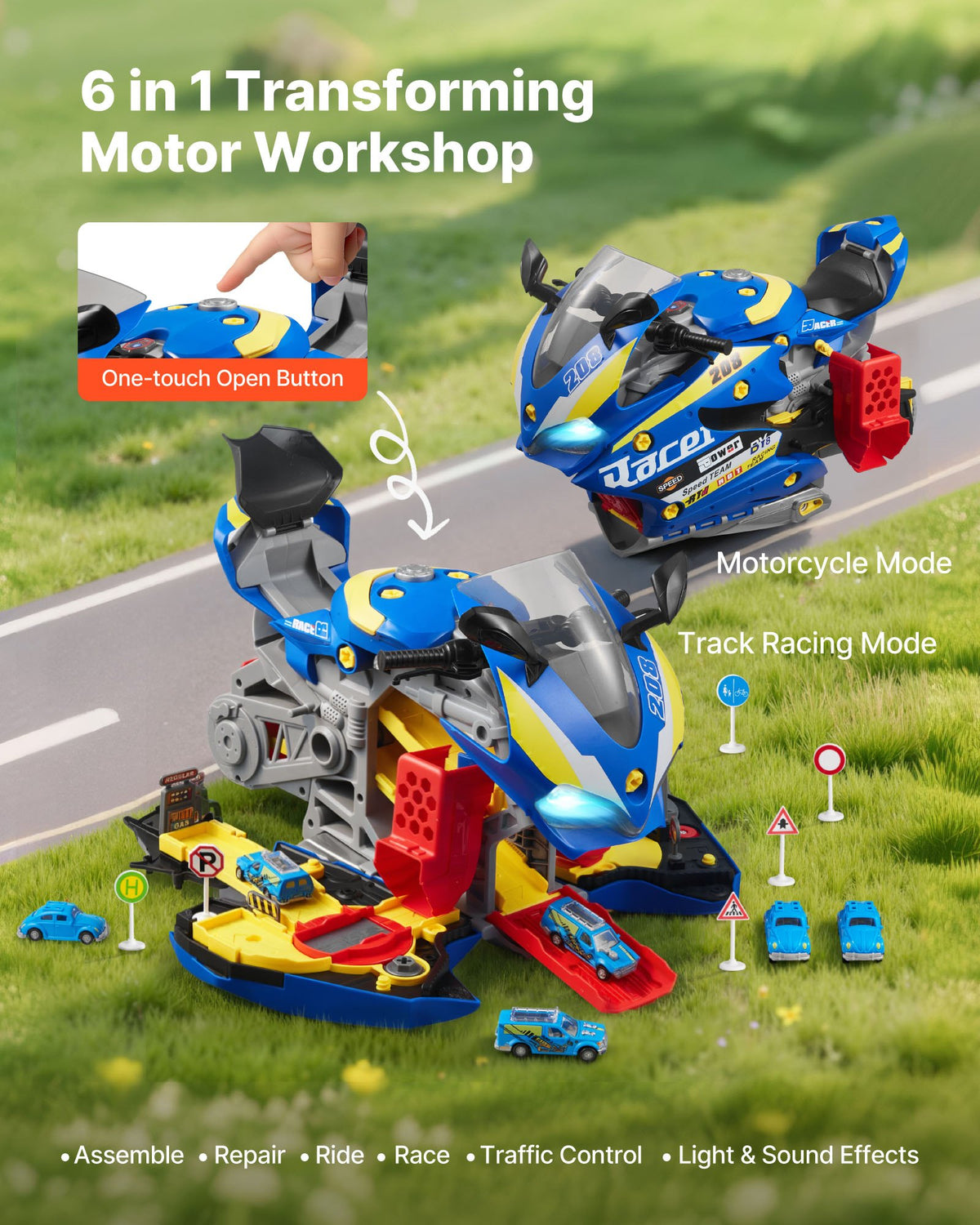 VEVOR rotaļu motocikla dzinējs 25 detaļas ar gaismu, skaņu un sacīkšu trasi, no 3 gadiem, zils