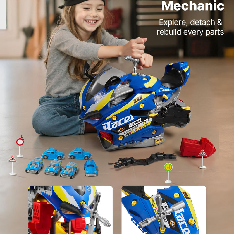 VEVOR motocikla dzinēja rotaļlieta, 25 detaļas, motocikla mehāniķa rotaļu komplekts ar noņemamām detaļām, gaismām un skaņām, imitēta braukšana un sacīkšu trase, bērnu mehāniķa darbnīca bērniem no 3 gadu vecuma, zila