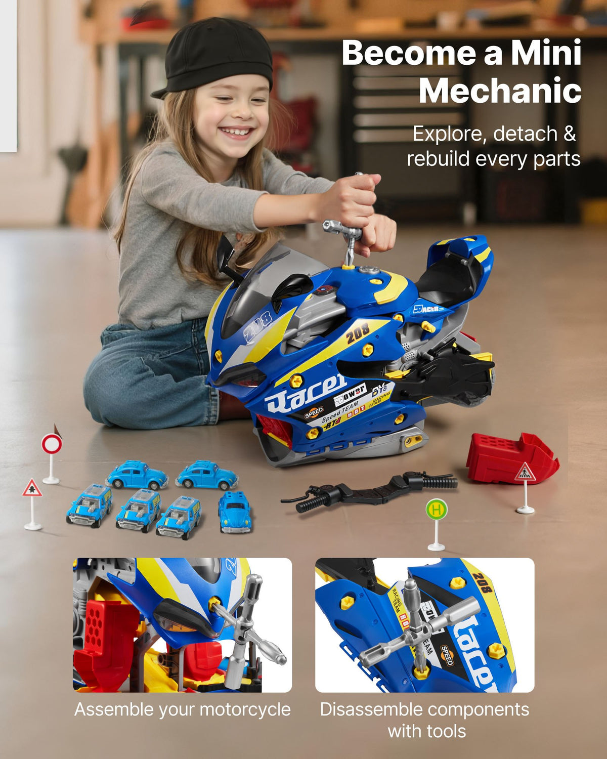 VEVOR rotaļu motocikla dzinējs 25 detaļas ar gaismu, skaņu un sacīkšu trasi, no 3 gadiem, zils