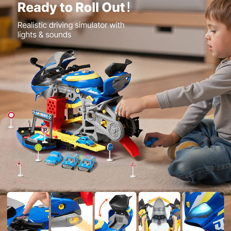 VEVOR motocikla dzinēja rotaļlieta, 25 detaļas, motocikla mehāniķa rotaļu komplekts ar noņemamām detaļām, gaismām un skaņām, imitēta braukšana un sacīkšu trase, bērnu mehāniķa darbnīca bērniem no 3 gadu vecuma, zila