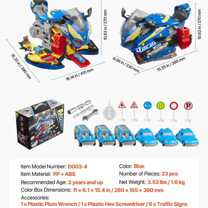 VEVOR motocikla dzinēja rotaļlieta, 25 detaļas, motocikla mehāniķa rotaļu komplekts ar noņemamām detaļām, gaismām un skaņām, imitēta braukšana un sacīkšu trase, bērnu mehāniķa darbnīca bērniem no 3 gadu vecuma, zila