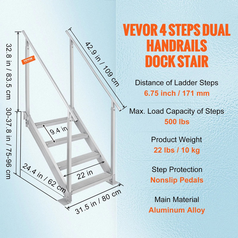 VEVOR piestātnes kāpnes ar 4 pakāpieniem, regulējams augstums 760–965 mm, kravnesība 226,8 kg, alumīnija pontona kāpnes ar dubultiem rokturiem un neslīdošiem pakāpieniem kuģiem, ezeriem un baseiniem - ZEMLETES.LV