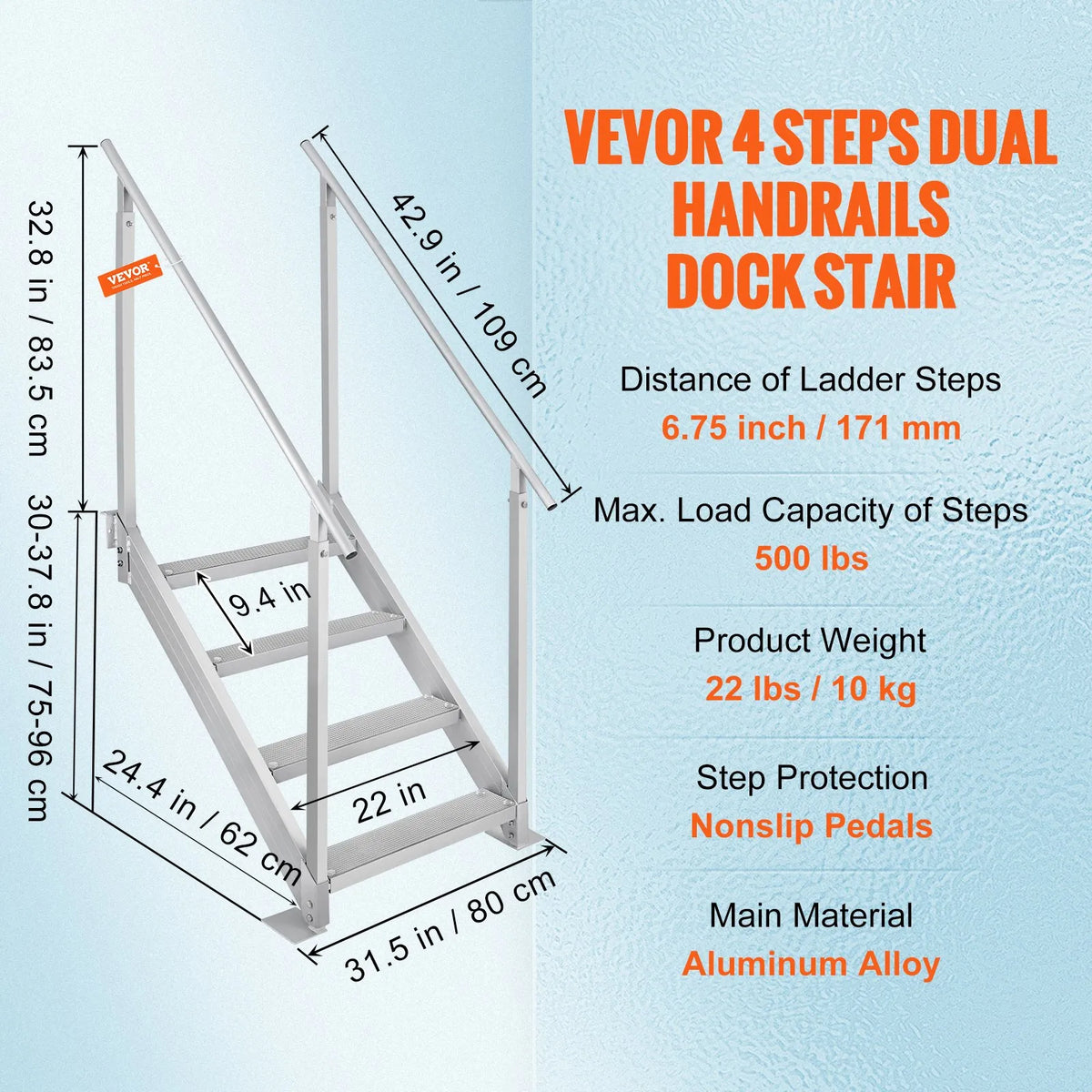 VEVOR piestātnes kāpnes ar 4 pakāpieniem, regulējams augstums 760–965 mm, kravnesība 226,8 kg, alumīnija pontona kāpnes ar dubultiem rokturiem un neslīdošiem pakāpieniem kuģiem, ezeriem un baseiniem - ZEMLETES.LV