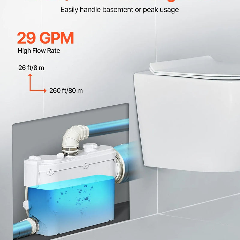 VEVOR kanalizācijas smalcinātājsūknis 500 W, plūsma līdz 6600 l/h, pacelšanas augstums līdz 8 m, ar 3 ūdens pieslēgumiem tualetei, virtuvei, izlietnei, dušai un vannai