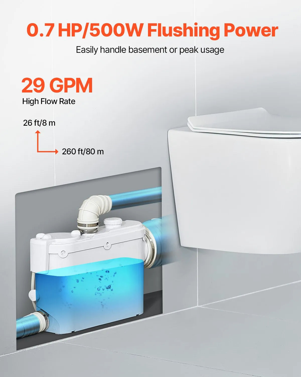 VEVOR sewage grinder pump 500 W, flow up to 6600 l/h, lifting height up to 8 m, with 3 water connections for toilet, kitchen, sink, shower and bath