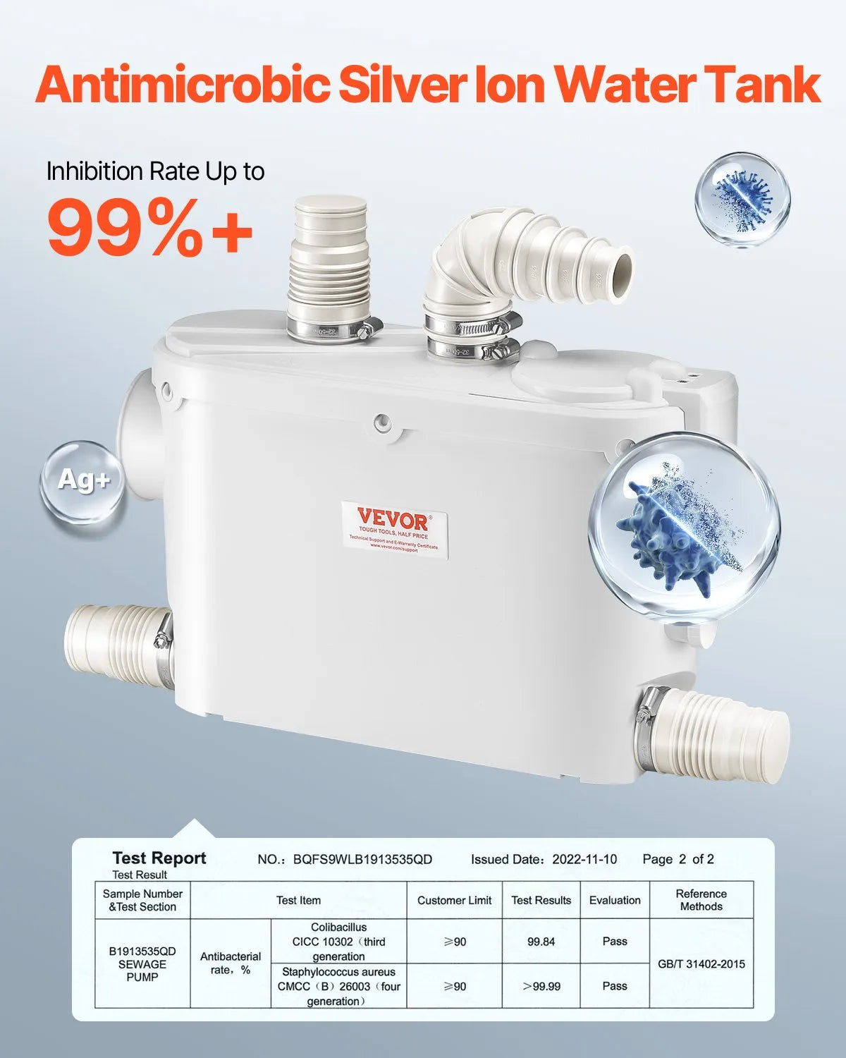 VEVOR sewage grinder pump 500 W, flow up to 6600 l/h, lifting height up to 8 m, with 3 water connections for toilet, kitchen, sink, shower and bath