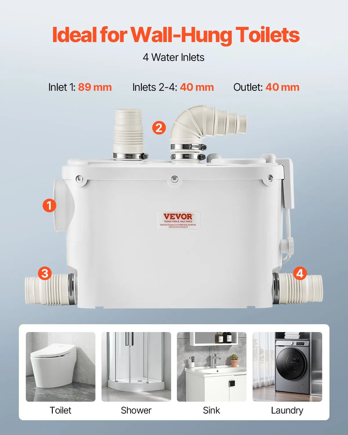VEVOR sewage grinder pump 500 W, flow up to 6600 l/h, lifting height up to 8 m, with 3 water connections for toilet, kitchen, sink, shower and bath