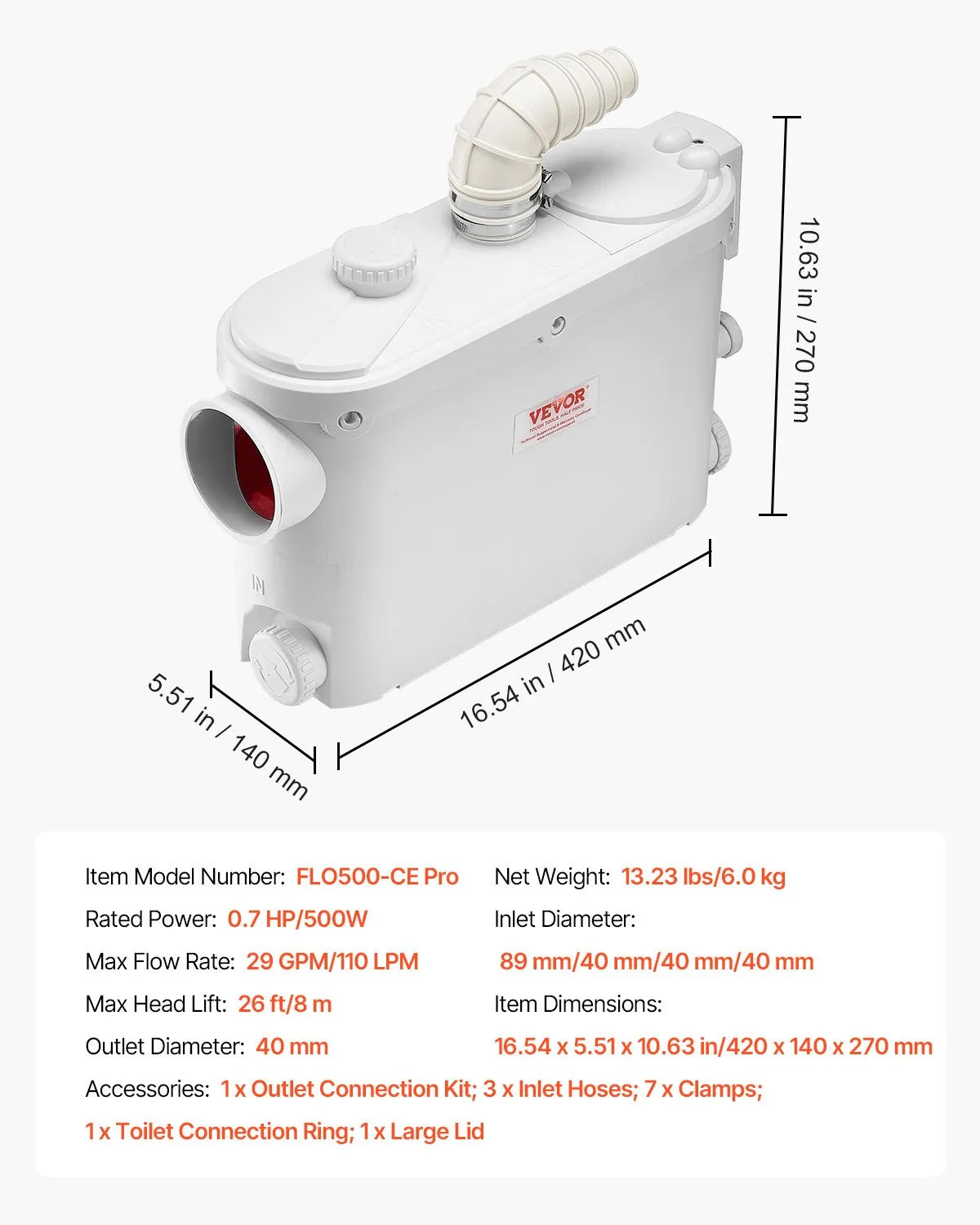 VEVOR sewage grinder pump 500 W, flow up to 6600 l/h, lifting height up to 8 m, with 3 water connections for toilet, kitchen, sink, shower and bath