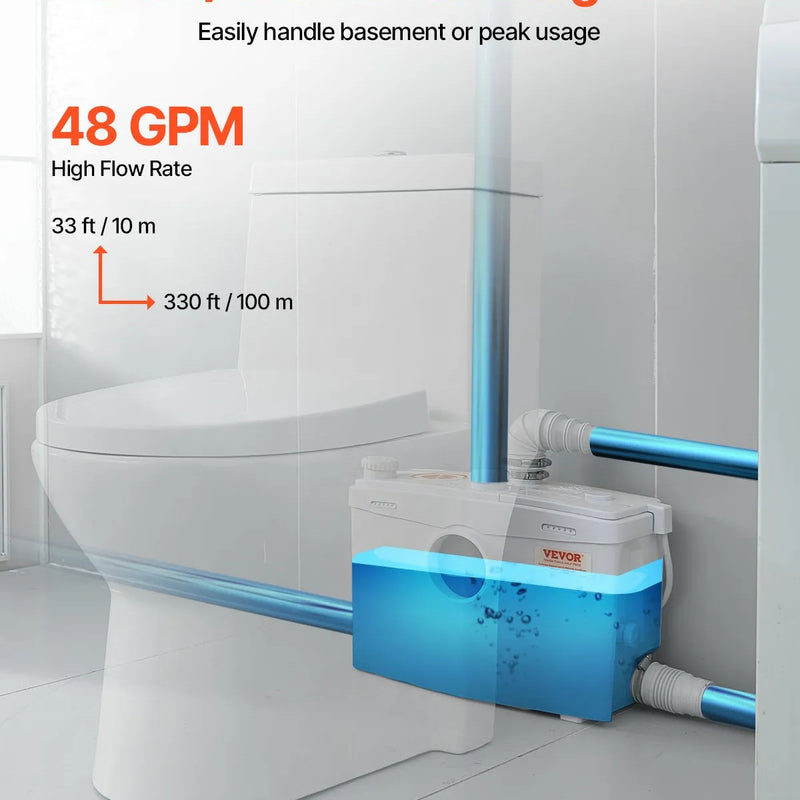 VEVOR kanalizācijas smalcinātājsūknis 1200 W, plūsma līdz 180 l/min, pacelšanas augstums līdz 10 m, ar 4 ūdens ieplūdēm, notekūdeņu pacelšanas iekārta tualetei, pagrabam, dušai, izlietnei, veļas mazgātavai un vannai