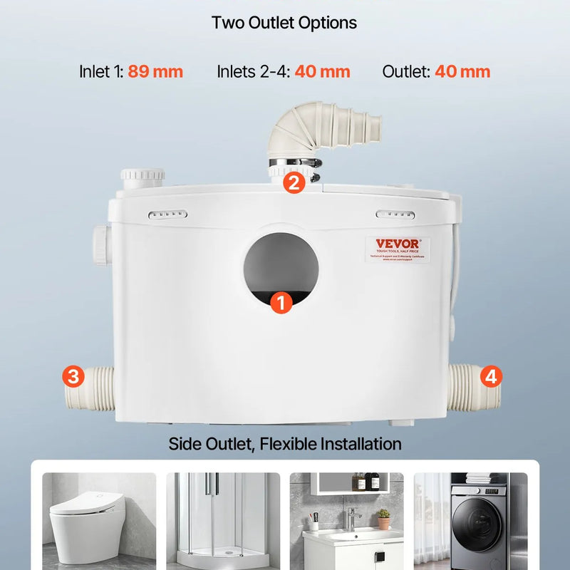 VEVOR kanalizācijas smalcinātājsūknis 1200 W, plūsma līdz 180 l/min, pacelšanas augstums līdz 10 m, ar 4 ūdens ieplūdēm, notekūdeņu pacelšanas iekārta tualetei, pagrabam, dušai, izlietnei, veļas mazgātavai un vannai
