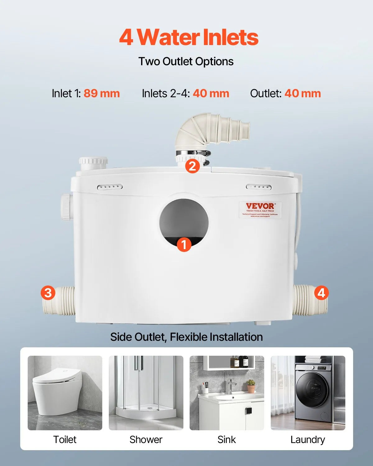 VEVOR sewage grinder pump 1200 W, flow up to 180 l/min, lifting height up to 10 m, with 4 water inlets, wastewater lifting unit for toilet, basement, shower, sink, laundry room and bath