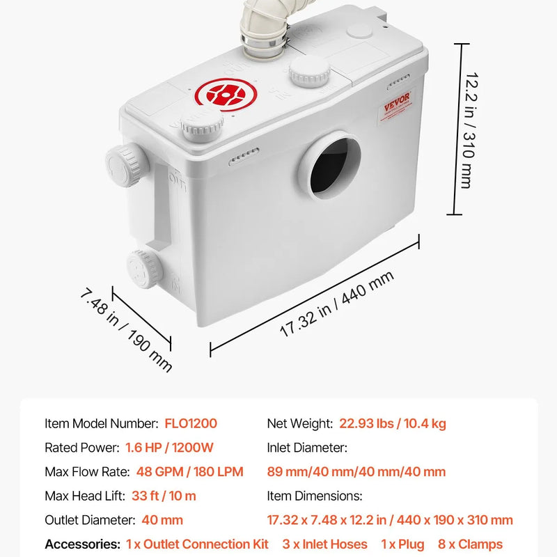 VEVOR kanalizācijas smalcinātājsūknis 1200 W, plūsma līdz 180 l/min, pacelšanas augstums līdz 10 m, ar 4 ūdens ieplūdēm, notekūdeņu pacelšanas iekārta tualetei, pagrabam, dušai, izlietnei, veļas mazgātavai un vannai