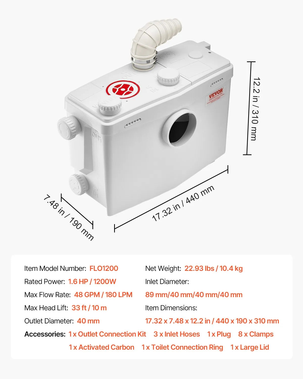 VEVOR sewage grinder pump 1200 W, flow up to 180 l/min, lifting height up to 10 m, with 4 water inlets, wastewater lifting unit for toilet, basement, shower, sink, laundry room and bath