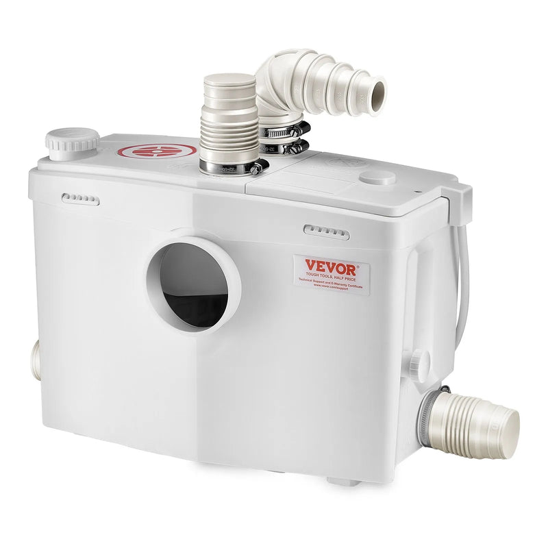 VEVOR kanalizācijas smalcinātājsūknis 1200 W, plūsma līdz 180 l/min, pacelšanas augstums līdz 10 m, ar 4 ūdens ieplūdēm, notekūdeņu pacelšanas iekārta tualetei, pagrabam, dušai, izlietnei, veļas mazgātavai un vannai