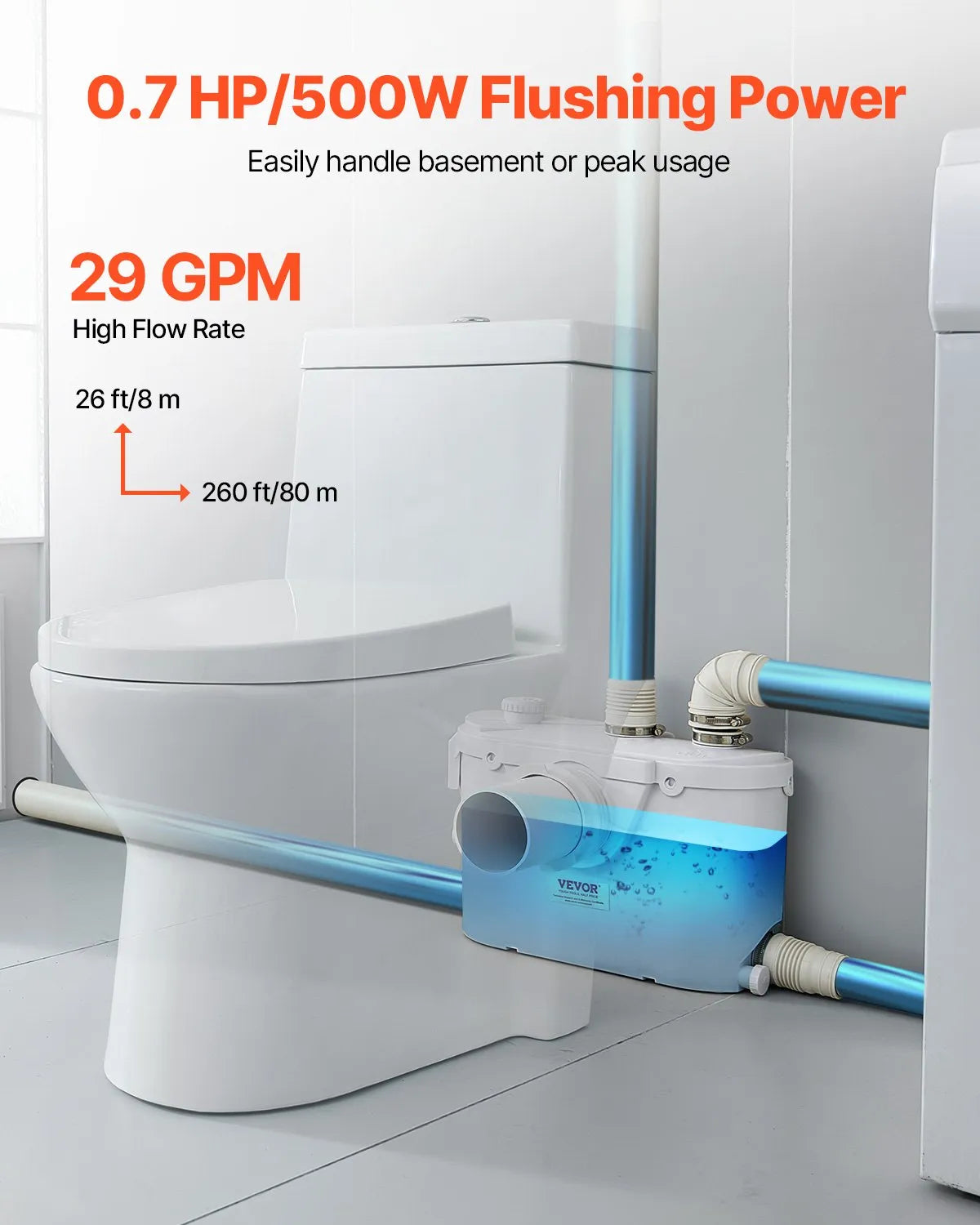 VEVOR sewage grinder pump 500 W, flow up to 110 l/min, lifting height up to 8 m, with 4 water connections, wastewater lifting unit for toilet, basement, shower, sink, laundry room and bath