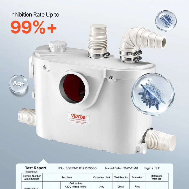 VEVOR kanalizācijas smalcinātājsūknis 500 W, plūsma līdz 110 l/min, pacelšanas augstums līdz 8 m, ar 4 ūdens pieslēgumiem, notekūdeņu pacelšanas iekārta tualetei, pagrabam, dušai, izlietnei, veļas mazgātavai un vannai