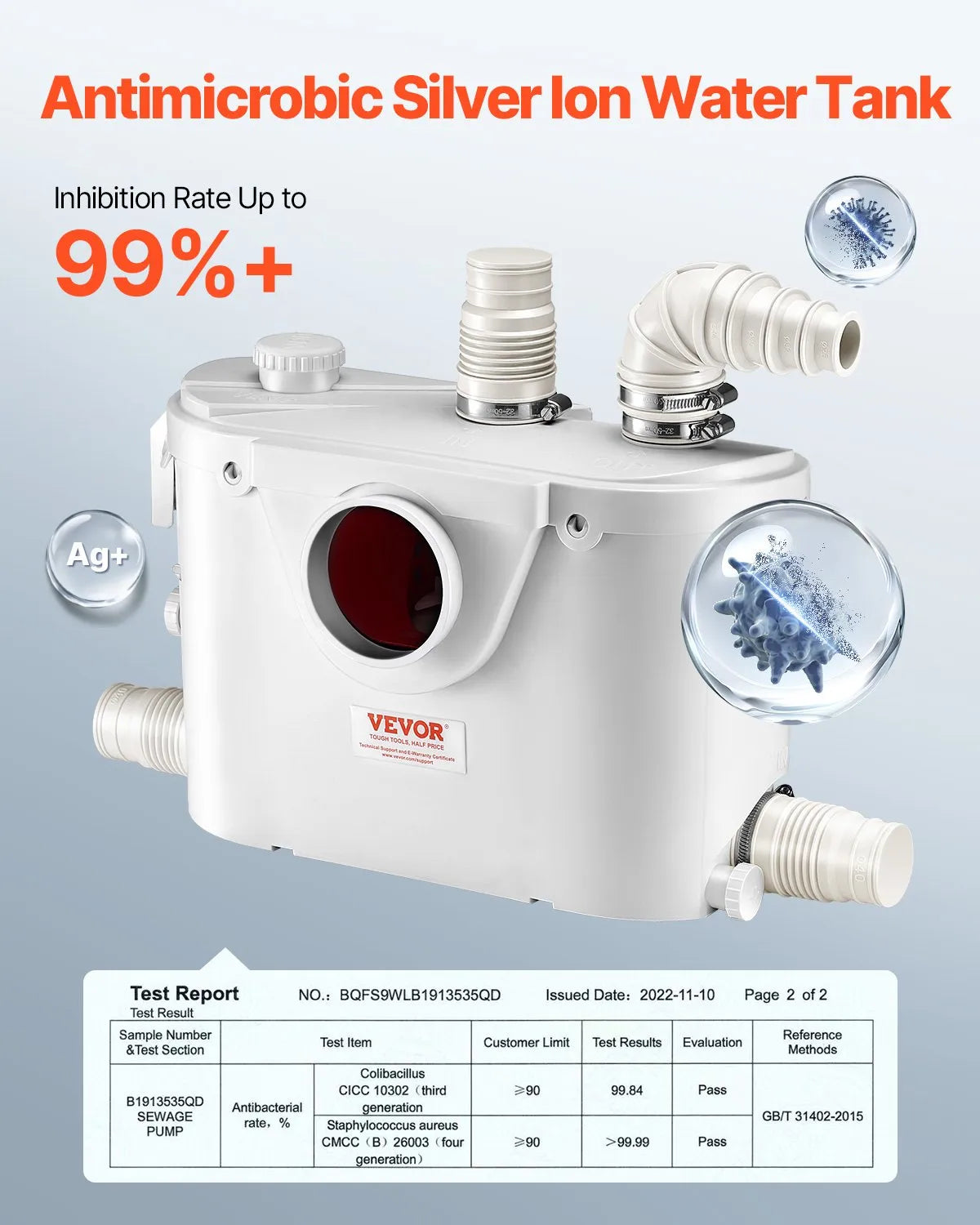 VEVOR sewage grinder pump 500 W, flow up to 110 l/min, lifting height up to 8 m, with 4 water connections, wastewater lifting unit for toilet, basement, shower, sink, laundry room and bath