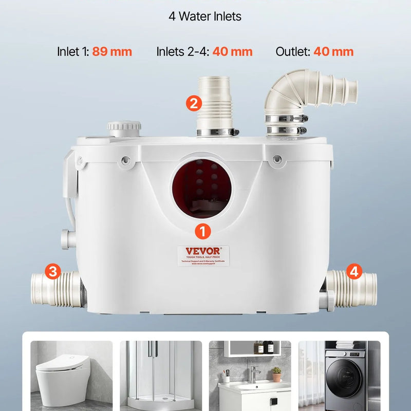 VEVOR kanalizācijas smalcinātājsūknis 500 W, plūsma līdz 110 l/min, pacelšanas augstums līdz 8 m, ar 4 ūdens pieslēgumiem, notekūdeņu pacelšanas iekārta tualetei, pagrabam, dušai, izlietnei, veļas mazgātavai un vannai