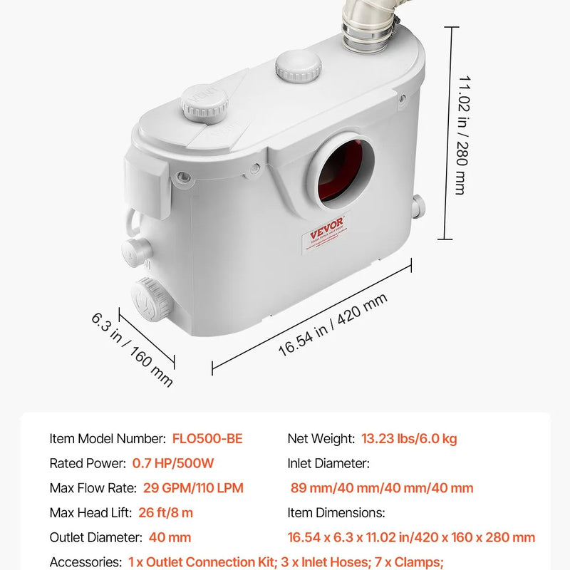 VEVOR kanalizācijas smalcinātājsūknis 500 W, plūsma līdz 110 l/min, pacelšanas augstums līdz 8 m, ar 4 ūdens pieslēgumiem, notekūdeņu pacelšanas iekārta tualetei, pagrabam, dušai, izlietnei, veļas mazgātavai un vannai