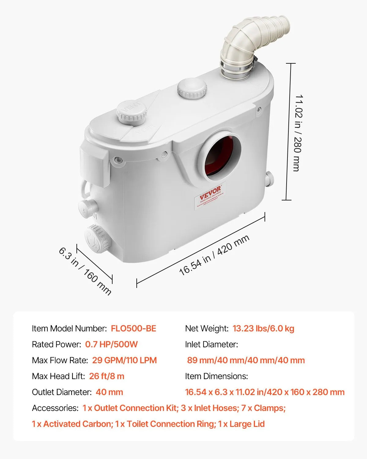 VEVOR sewage grinder pump 500 W, flow up to 110 l/min, lifting height up to 8 m, with 4 water connections, wastewater lifting unit for toilet, basement, shower, sink, laundry room and bath