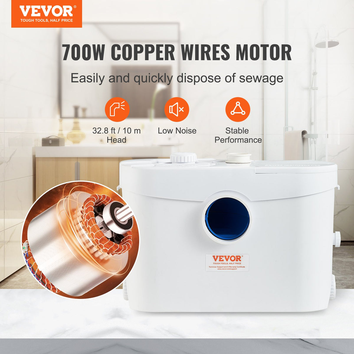 VEVOR Sewage Pump Drainage System, Power: 700 W, Flow Rate: 9600 l/h, Discharge Height: Up to 10 m, Antimicrobial Effectiveness: 99%