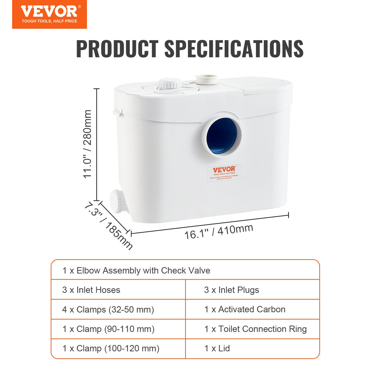 VEVOR Sewage Pump Drainage System, Power: 700 W, Flow Rate: 9600 l/h, Discharge Height: Up to 10 m, Antimicrobial Effectiveness: 99%