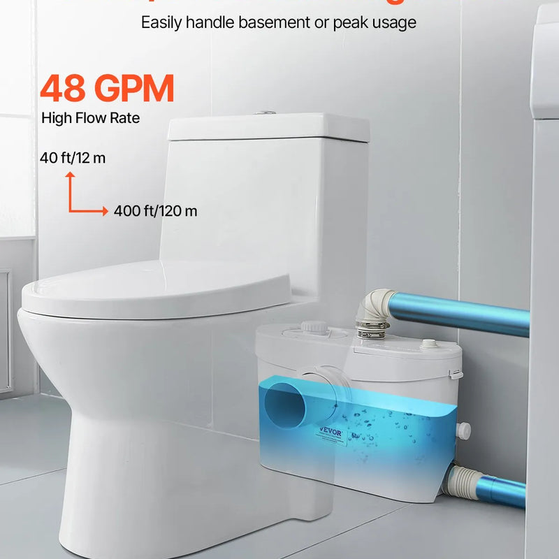 VEVOR kanalizācijas smalcinātājsūknis 900 W, plūsma līdz 180 l/min, pacelšanas augstums līdz 12 m, ar 4 ūdens pieslēgumiem, notekūdeņu pacelšanas iekārta tualetei, pagrabam, dušai, izlietnei, veļas mazgātavai un vannai