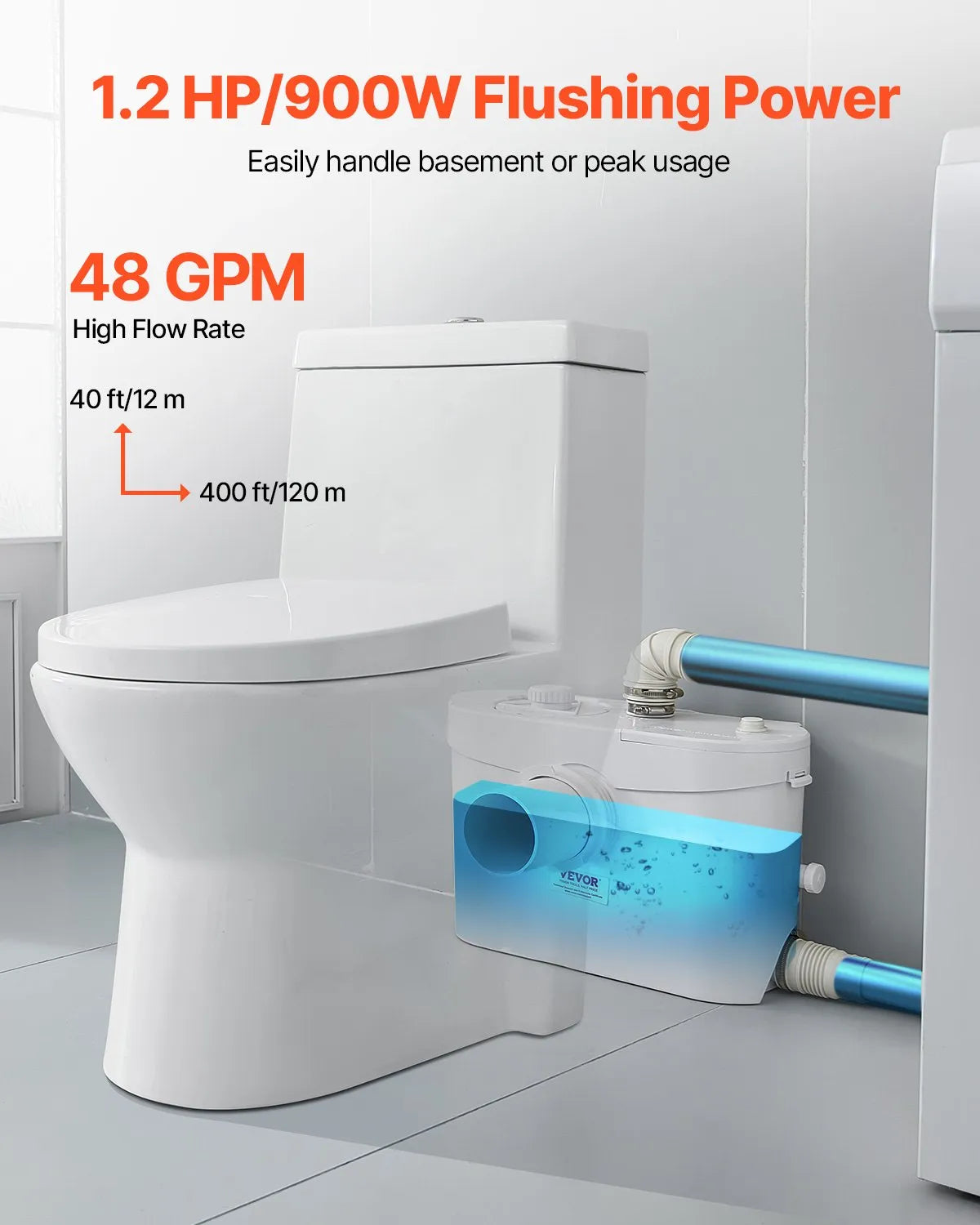 VEVOR sewage grinder pump 900 W, flow up to 180 l/min, lifting height up to 12 m, with 4 water connections, wastewater lifting unit for toilet, basement, shower, sink, laundry room and bath