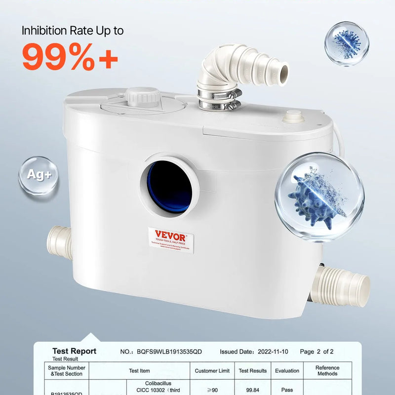 VEVOR kanalizācijas smalcinātājsūknis 900 W, plūsma līdz 180 l/min, pacelšanas augstums līdz 12 m, ar 4 ūdens pieslēgumiem, notekūdeņu pacelšanas iekārta tualetei, pagrabam, dušai, izlietnei, veļas mazgātavai un vannai