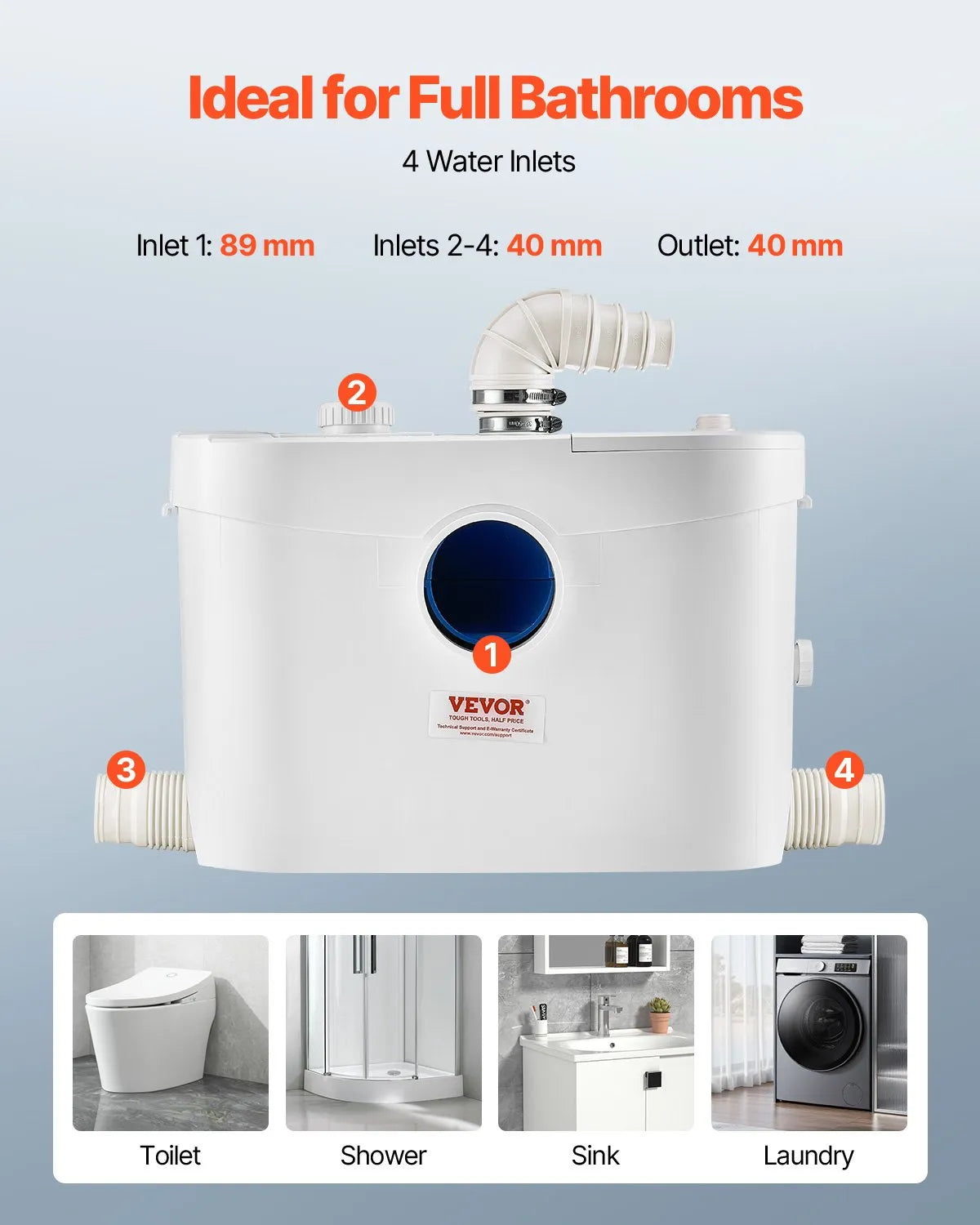 VEVOR sewage grinder pump 900 W, flow up to 180 l/min, lifting height up to 12 m, with 4 water connections, wastewater lifting unit for toilet, basement, shower, sink, laundry room and bath