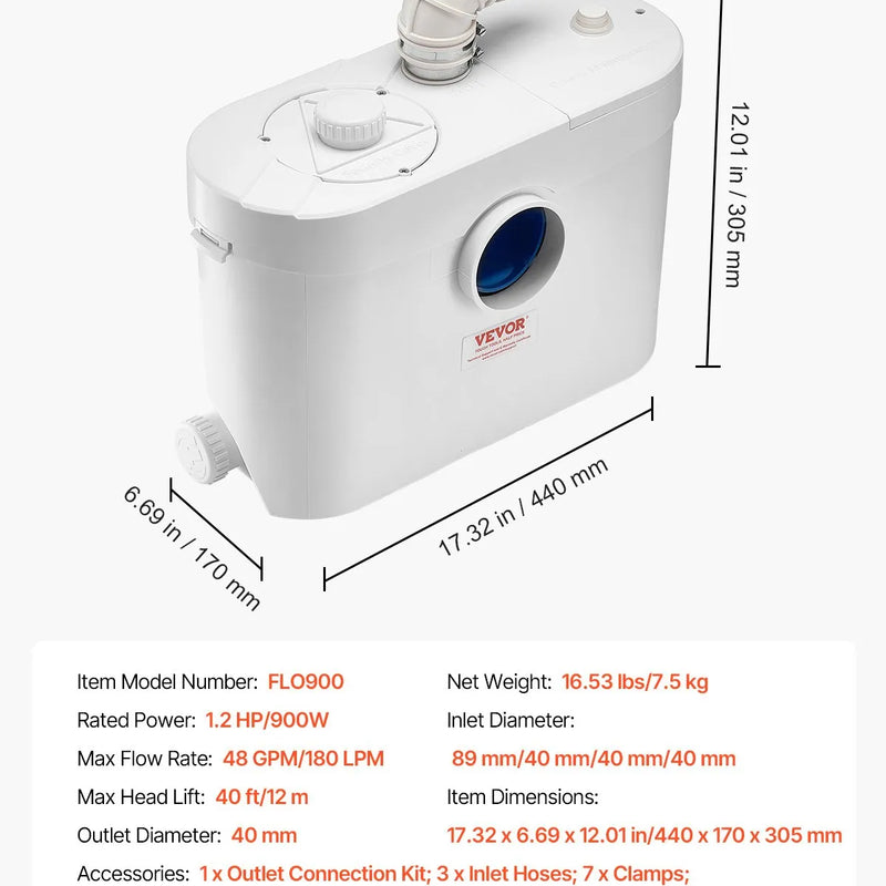 VEVOR kanalizācijas smalcinātājsūknis 900 W, plūsma līdz 180 l/min, pacelšanas augstums līdz 12 m, ar 4 ūdens pieslēgumiem, notekūdeņu pacelšanas iekārta tualetei, pagrabam, dušai, izlietnei, veļas mazgātavai un vannai