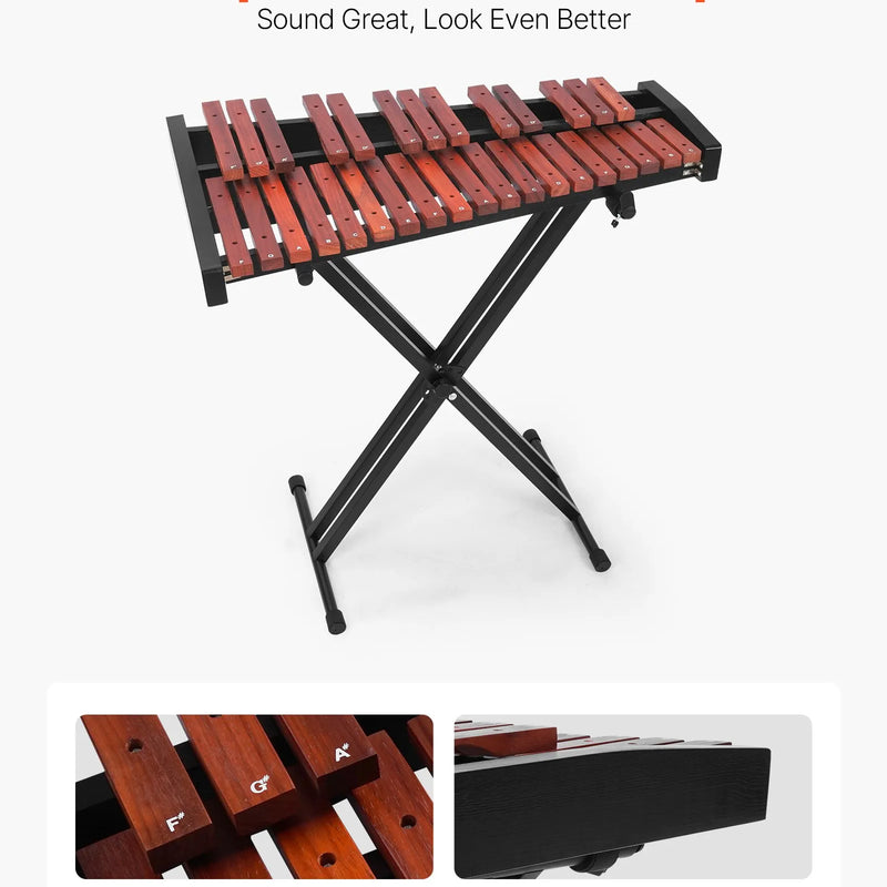 VEVOR glokenspīls ar 32 notīm, profesionāls koka ksilofona perkusiju instruments ar augstumā regulējamu statīvu, 4 vālītēm un pārnēsājamo somu; mācību komplekts bērniem un pieaugušajiem