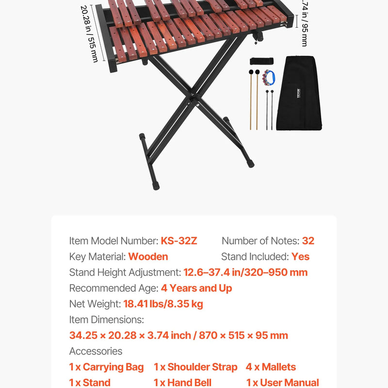 VEVOR glokenspīls ar 32 notīm, profesionāls koka ksilofona perkusiju instruments ar augstumā regulējamu statīvu, 4 vālītēm un pārnēsājamo somu; mācību komplekts bērniem un pieaugušajiem