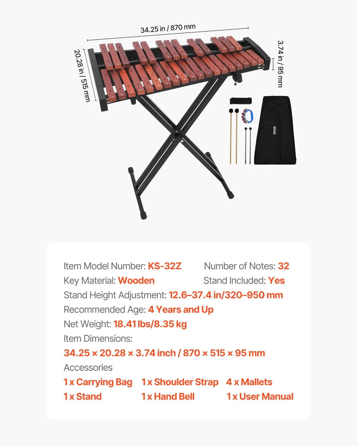 VEVOR Glockenspiel 32 Notes with Adjustable Stand, 4 Mallets and Bag