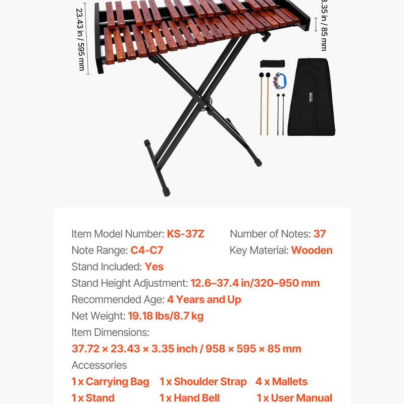 VEVOR metalofons ar 37 skaņām, koka profesionālais ksilofona tipa sitaminstruments ar augstuma regulējamu statīvu, 4 vālītēm un pārnēsājamo somu, iesācēju komplekts pieaugušajiem un bērniem