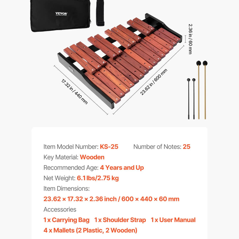 VEVOR metalofons ar 25 skaņām, koka profesionālais ksilofona tipa sitaminstruments ar 4 vālītēm un pārnēsājamo somu, iesācēju komplekts pieaugušajiem un bērniem