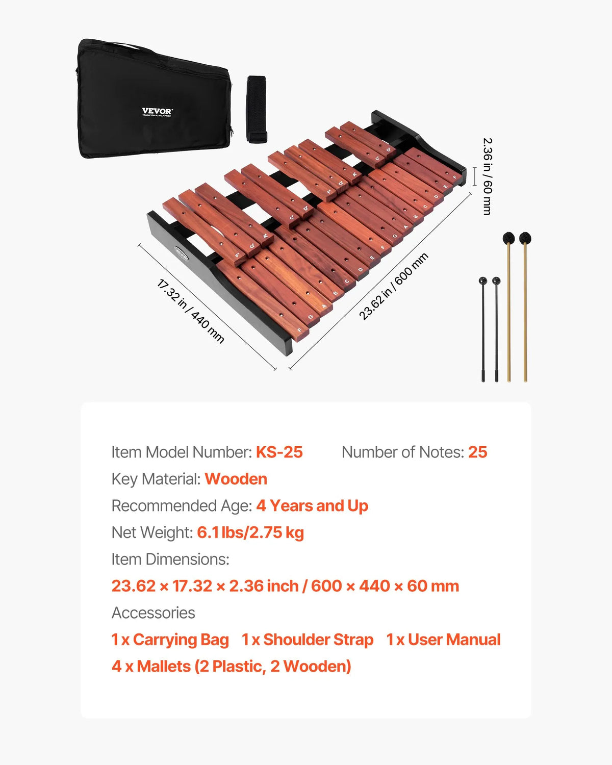 VEVOR Metallophone 25 Notes with 4 Mallets and Bag, for Beginners