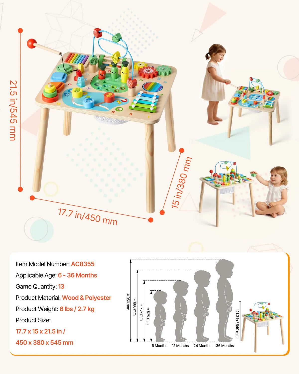 VEVOR Montessori Activity Table 13 in 1 for Children 1–3 Years, Wood
